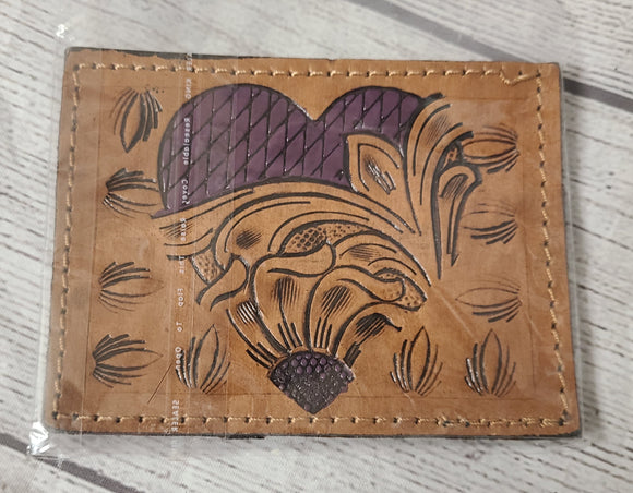 leather and hair on hide card holder- purple heart