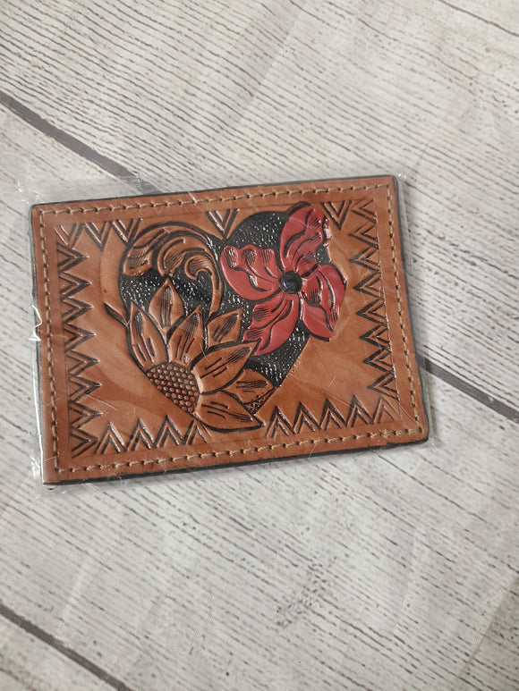 leather and hair on hide card holder- floral heart
