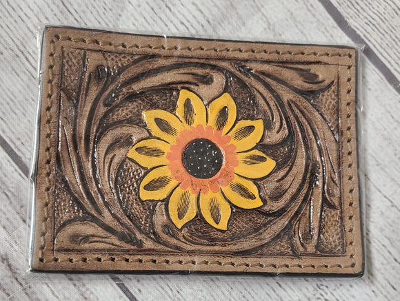 leather and hair on hide card holder- middle sunflower