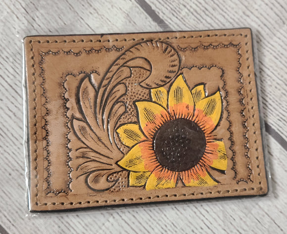 leather and hair on hide card holder- corner sunflower