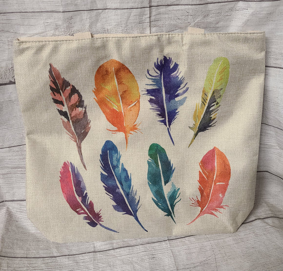 feather design zipped top tote bag