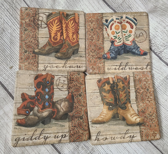 4 cowboy boot coaster set