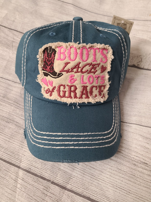 DISTRESSED  'boots lace and lots of grace' CAP