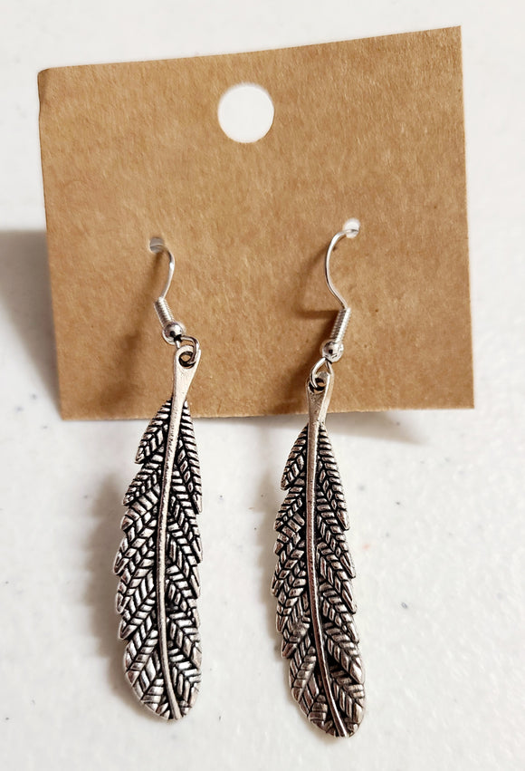 silver slender feather earring