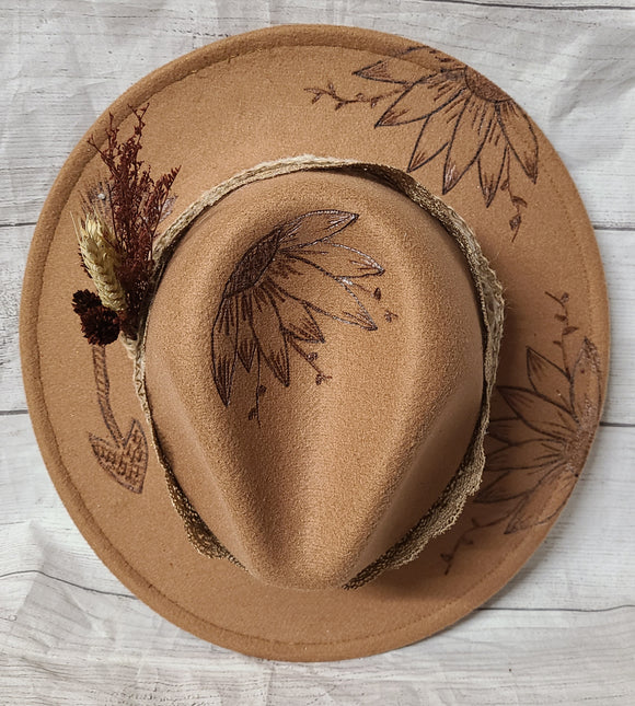 flower spirit- custom one of a kind- hand burned tan hat