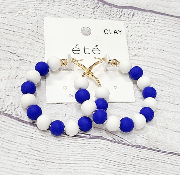 game day blue and white- clay large hoop earring