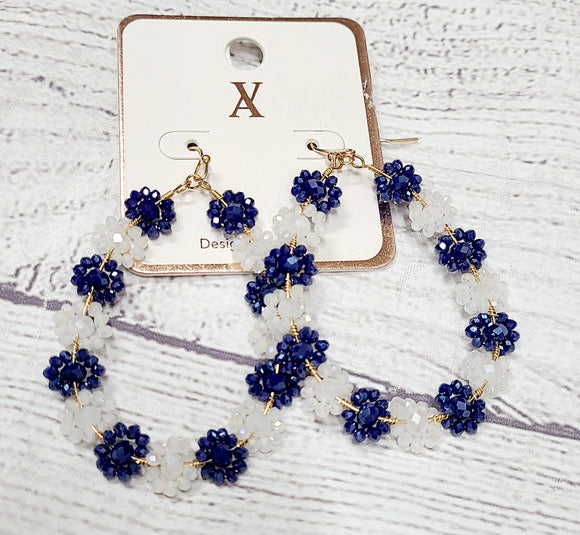 game day blue and white- sparkle flower hoops