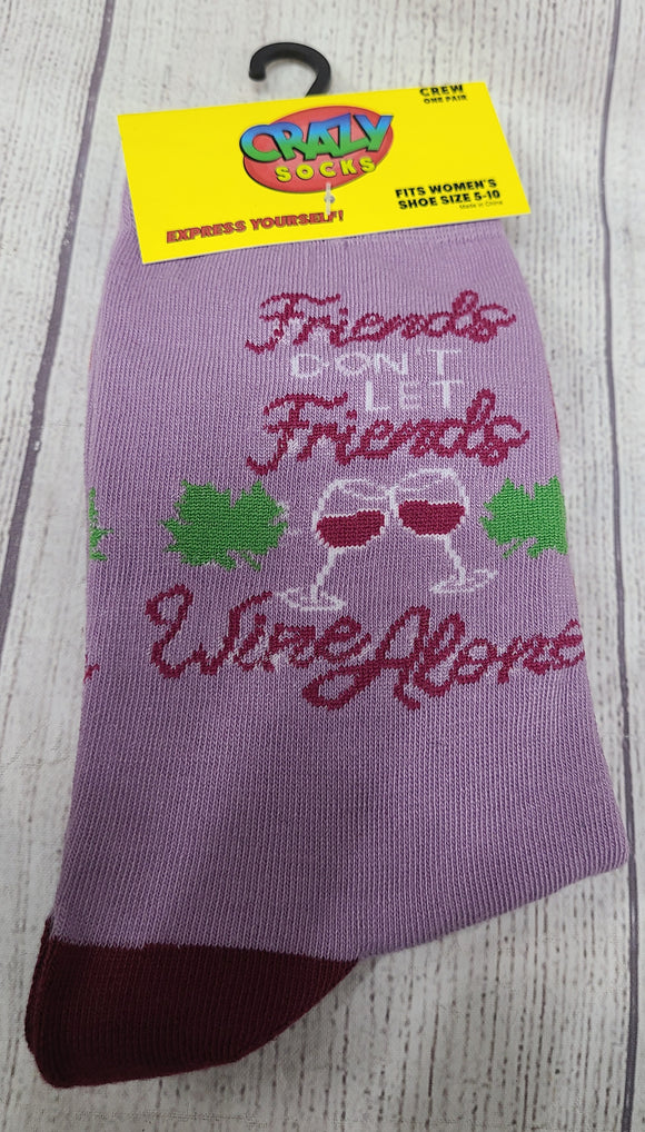 crazy socks- friends don't let friends wine alone