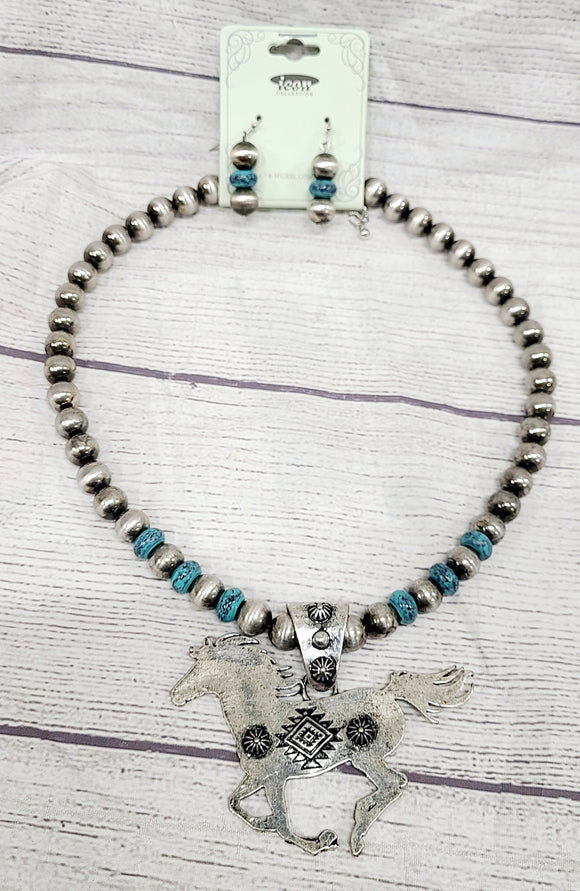 faux Navajo pearl necklace with large horse