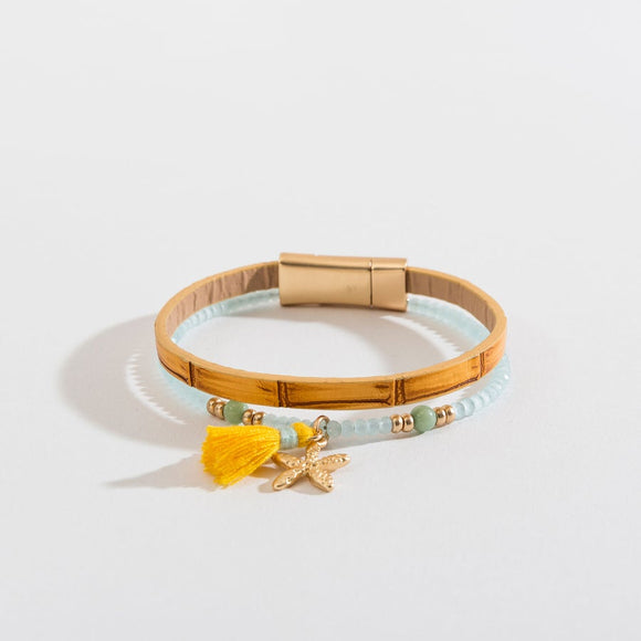 Yellow Tassel Starfish Charm Layered Magnetic Bracelet