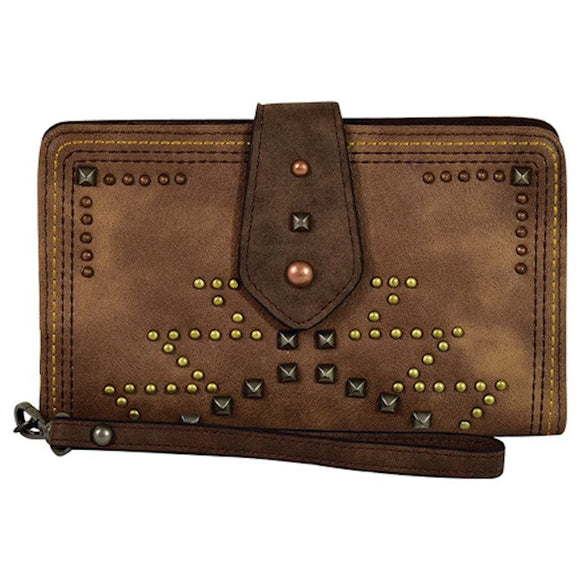 Justin Ladies Brown/Metal Studs Open Face Wallet with Wristlet