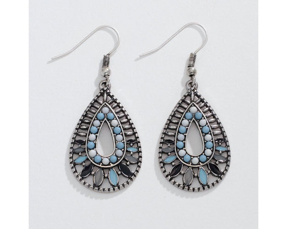 burnished silver blue and neutral open drop earrings