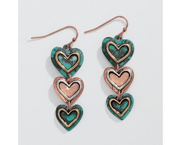 patina and copper heart earrings