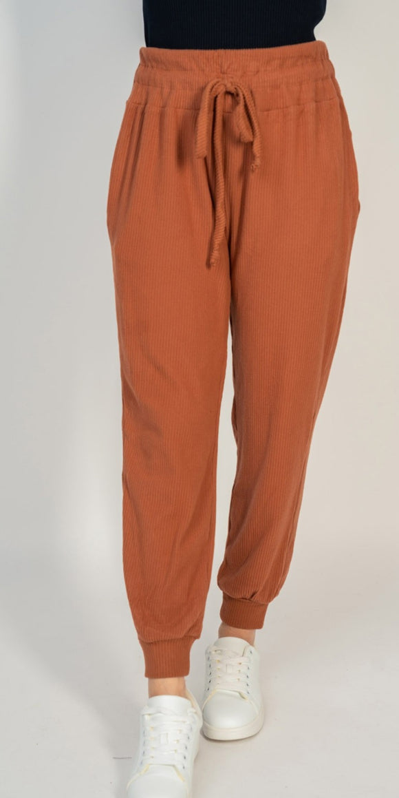 rust colored ribbed comfy pants