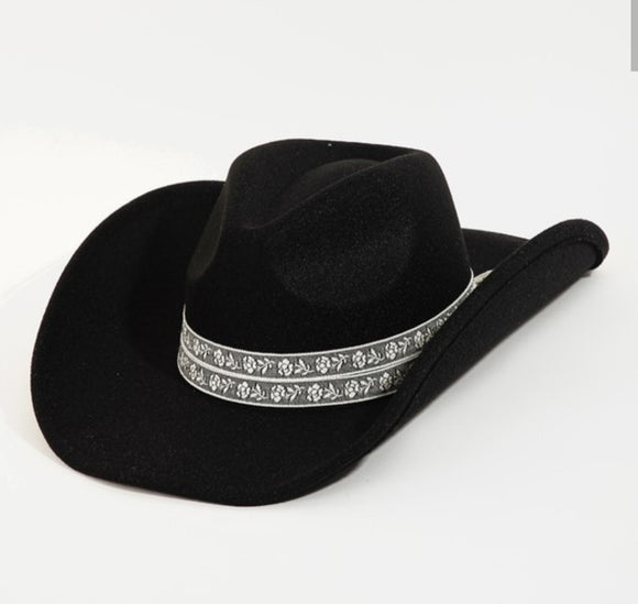 floral hat band cowboy hat- black