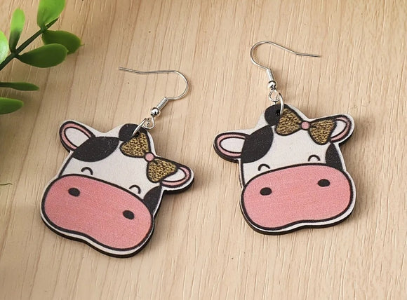 wooden cow head earring