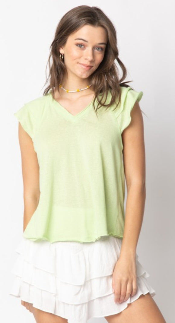 ruffle sleeve v neck knit top- lime