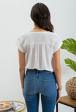 white lace trim roll tab sleeve blouse