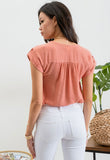 blush lace trim roll tab sleeve blouse