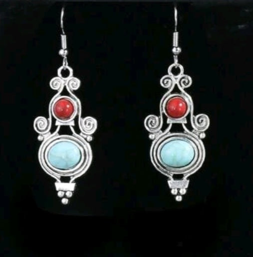 red and teal colored stone earring