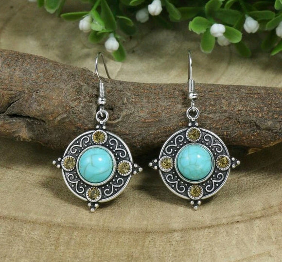 teal colored stone earring with rhinestone