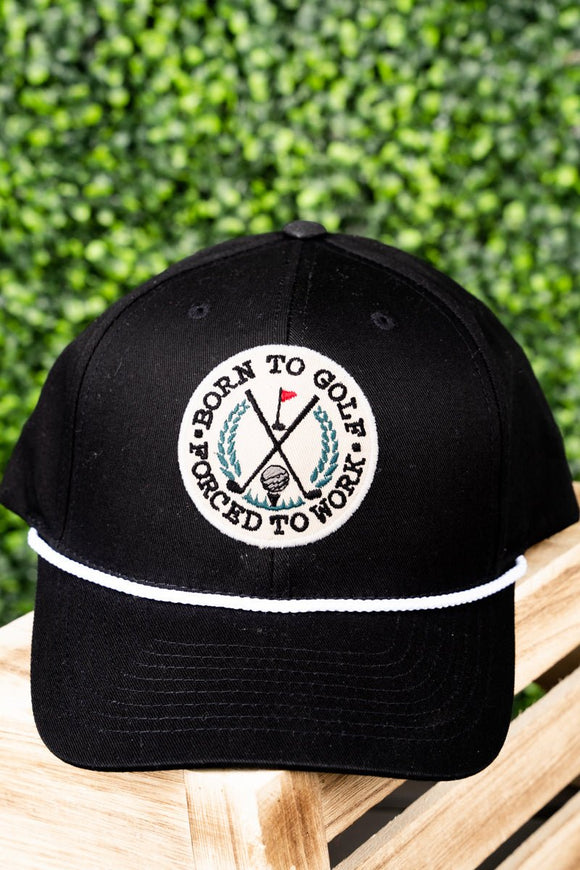 BLACK 'BORN TO GOLF FORCED TO WORK' ROPE SNAPBACK CAP