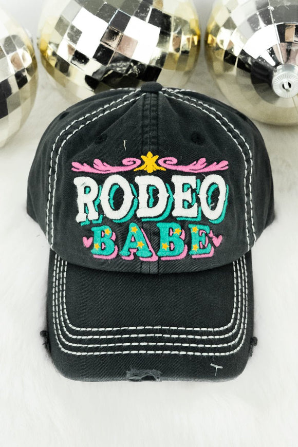 DISTRESSED BLACK 'RODEO BABE' CAP