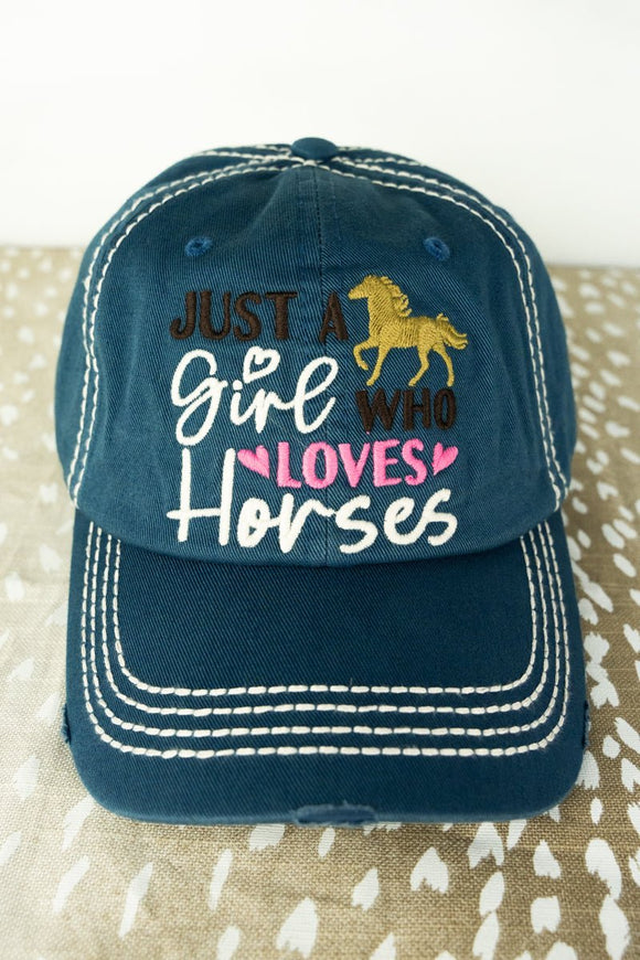 DISTRESSED BLUE 'JUST A GIRL WHO LOVES HORSES' CAP