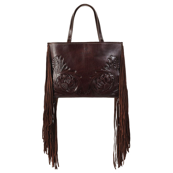 ARIAT VICTORIA BROWN TOOLED LEATHER FRINGE TOTE BAG A770009302