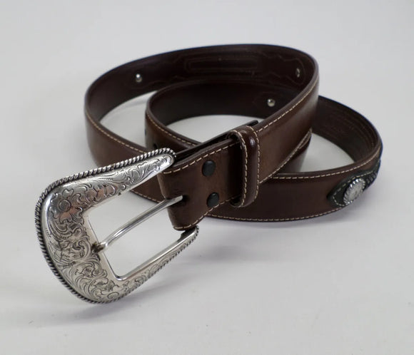 N2476044 Men's Standard Belt in Brown Distressed Leather with Fancy Woven Back