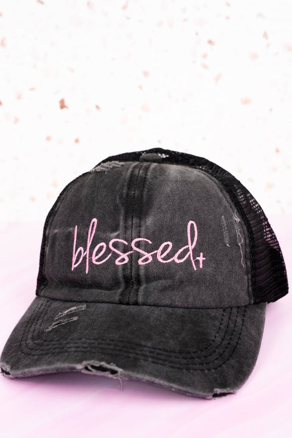 DISTRESSED BLACK WITH PINK 'BLESSED' MESH PONYTAIL