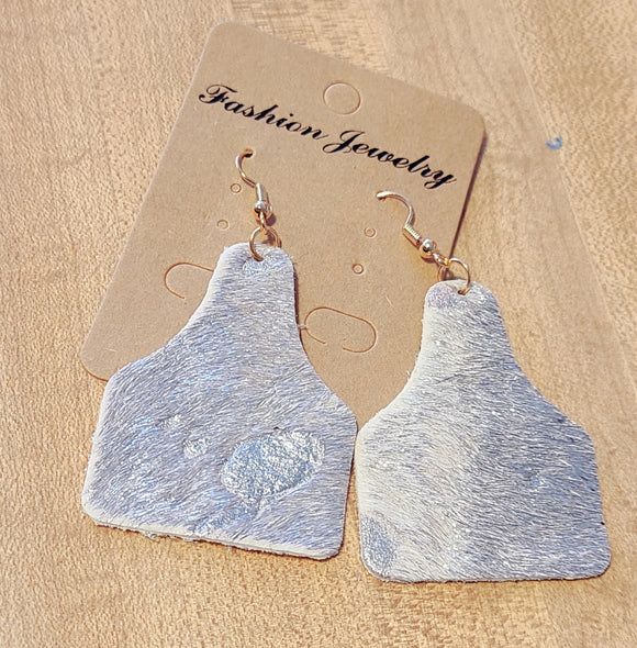 silver acid wash hair on hid cow tag earring