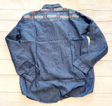 denim colored over shirt with aztec design