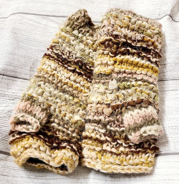 pink, yellow, and tan fingerless gloves