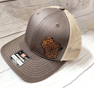 brown hat with wisconsin filligree patch ballcaps