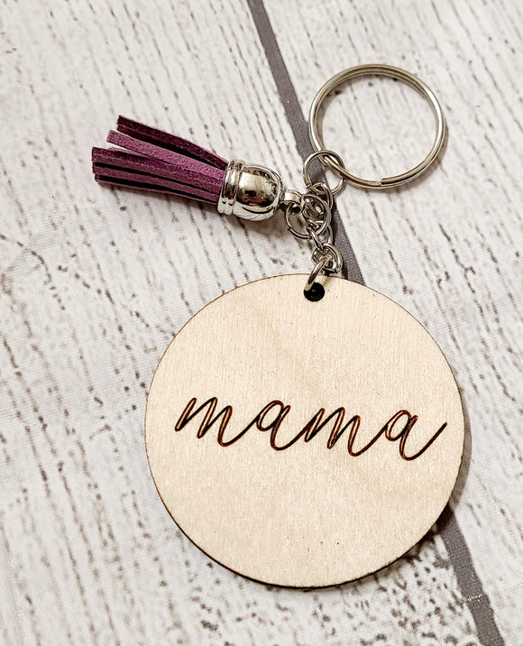 cursive mama wood keychain