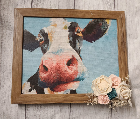 cow picture with wood flowers