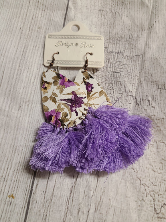 purple flower and tassell earring
