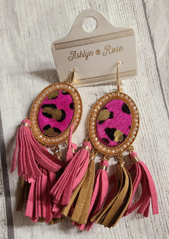 neon pink cheetah tassell earrings