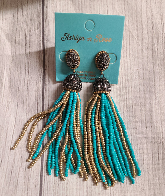 gold and teal bead earring