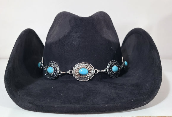 black cowboy hat with turquoise hatband