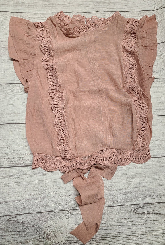all the frills and whistles cropped fancy top- dusty peach