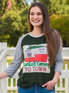 SANTA'S COMING TO TOWN FOREST GREEN & GREY RAGLAN