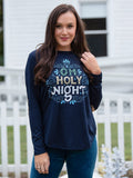 OH HOLY NIGHT GRAPHIC ON NAVY LONGSLEEVE WITH SEQUIN ELBOW PATCH