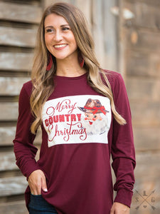 MERRY COUNTRY CHRISTMAS PATCH ON MAROON LONGSLEEVE TEE