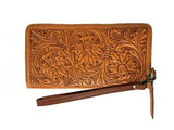 Genuine Leather Clutch Wristlet with floral basket weave tooling.