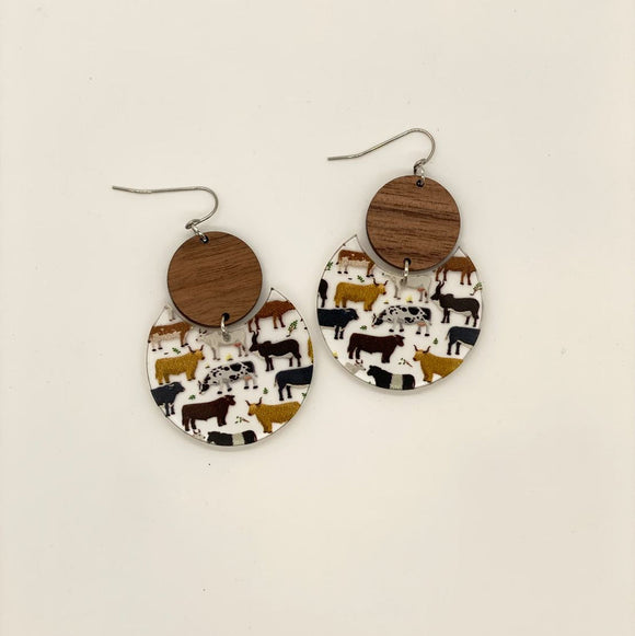 cow print acrylic and wood earring