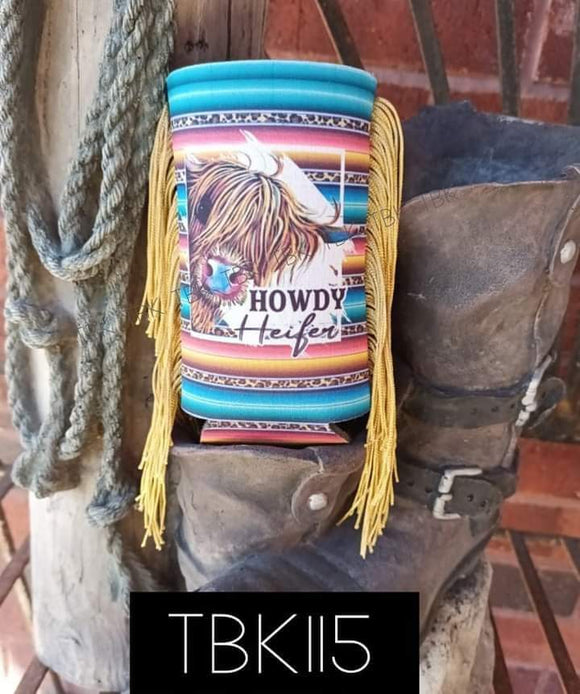 howdy heifer coozie with fringe