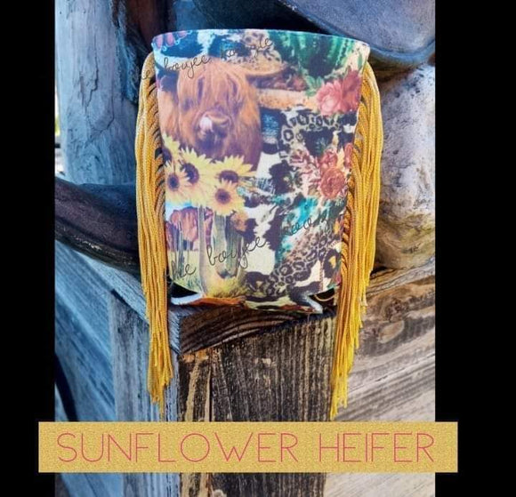 sunflower heifer coozie with fringe
