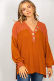 copper colored button front long sleeve